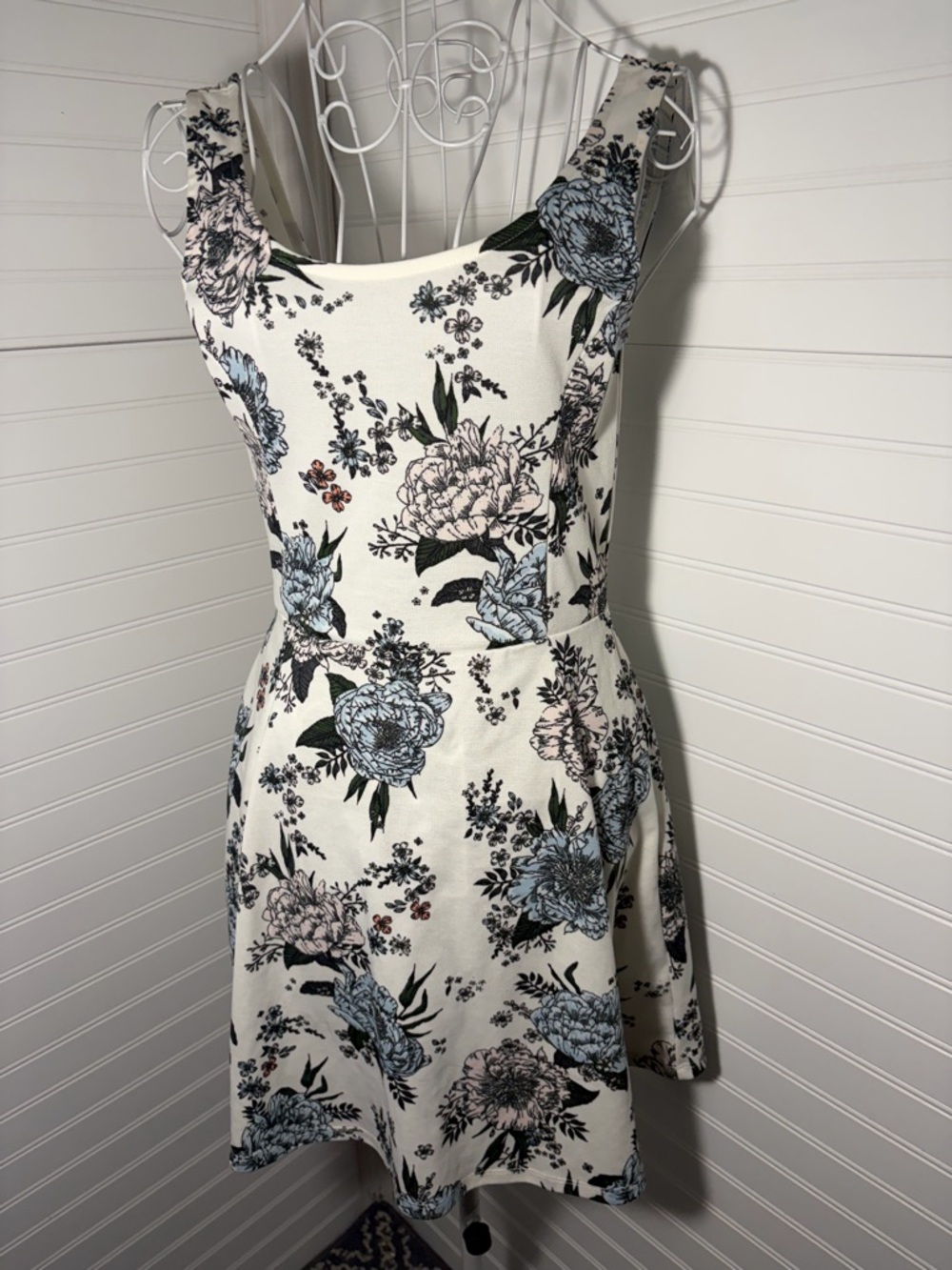 Floral Fit-and-Flare Dress in Ivory with Blue & Pink Blooms